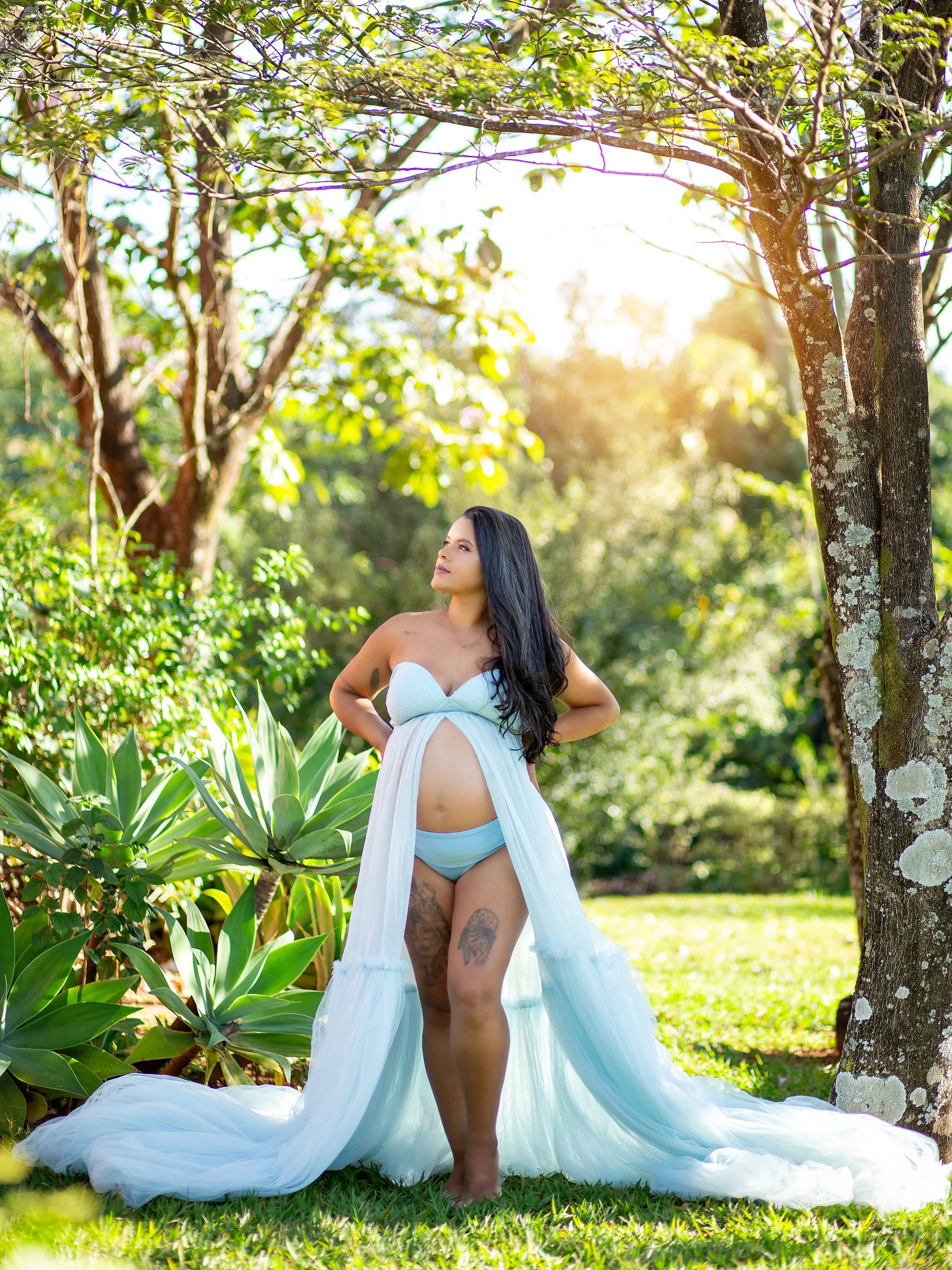 Gestante de vestido azul-claro com cauda longa, entre árvores, com o sol ao fundo.
