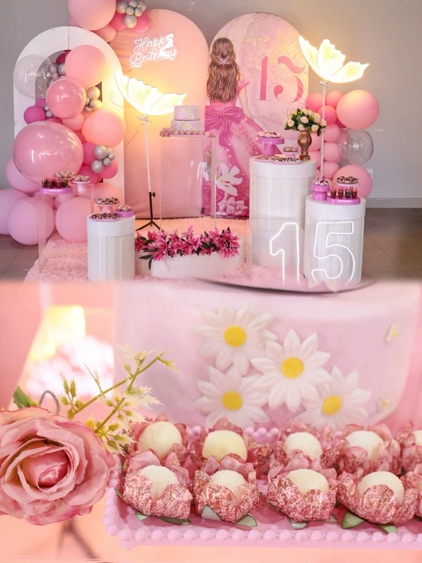 Detalhe da decoração da festa de 15 anos com flores e doces.